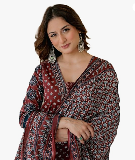 Arayna Women’s 100% Pure Cotton Printed Ethnic Suit | A-Line Kurta Set with Pant & Dupatta