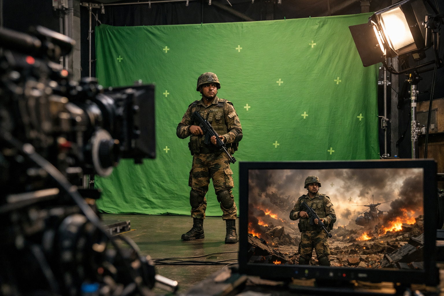Green screen VFX setup used in war film production