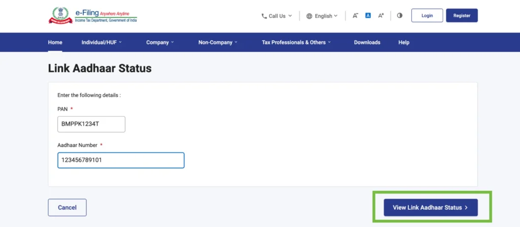 Aadhaar pan link status